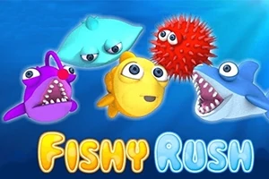 Cinci creaturi marine colorate și animate, inclusiv pești și rechini, pe un fundal subacvatic albastru strălucitor, cu textul Fishy Rush în partea de jos