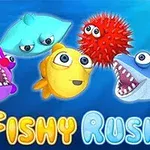 Cinci creaturi marine colorate și animate, inclusiv pești și rechini, pe un fundal subacvatic albastru strălucitor, cu textul Fishy Rush în partea de jos