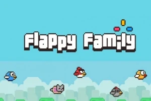 Text alb „Flappy Family” pe un fundal albastru, cu cinci personaje zburătoare colorate în diferite culori sub text