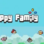 Text alb „Flappy Family” pe un fundal albastru, cu cinci personaje zburătoare colorate în diferite culori sub text
