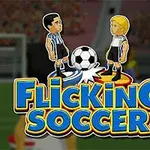 Doi jucători de fotbal stilizați cu o minge de fotbal între ei și textul Flicking Soccer în prim-plan