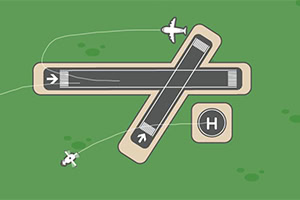 Pista aeroportuară desenată stilizat, cu două avioane mici în zbor și un helipad indicat pe un fundal verde