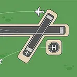 Pista aeroportuară desenată stilizat, cu două avioane mici în zbor și un helipad indicat pe un fundal verde