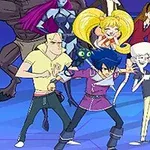 Un grup divers de personaje animate, inclusiv figuri umane și creaturi, stau împreună pe un fundal albastru