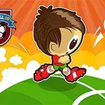 Un personaj caricaturizat joacă fotbal pe un teren verde sub un cer portocaliu, cu minge și emblema unui joc în jur
