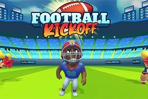Personaj animat echipat pentru fotbal american, pe un teren de joc, cu tribune în fundal și textul Football Kickoff deasupra