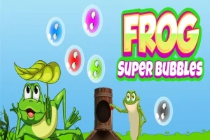 Broască desenată alături de un tun care aruncă bule colorate, pe un fundal albastru, cu titlul Frog Super Bubbles