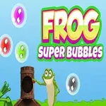 Broască desenată alături de un tun care aruncă bule colorate, pe un fundal albastru, cu titlul Frog Super Bubbles