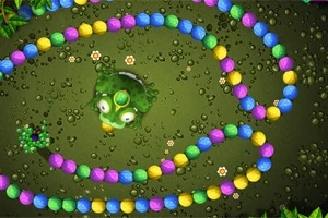 Un șir de bile colorate în verde, albastru, roz și galben înconjoară o broască verde pe un fundal maroniu cu picături de apă și flori mici