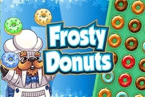 Un bucătar sub formă de morsă cartoon ține gogoși colorate, cu textul Frosty Donuts pe fundal albastru cu zăpadă