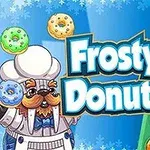 Un bucătar sub formă de morsă cartoon ține gogoși colorate, cu textul Frosty Donuts pe fundal albastru cu zăpadă
