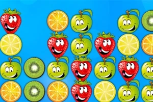 Fructe desenate cu fețe zâmbitoare, inclusiv căpșuni, mere, portocale și kiwi, pe fundal albastru