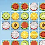 Imaginea prezintă un aranjament de plăci cu ilustrații de fructe, inclusiv kiwi, portocale, pepene, fructul dragonului și ananas, pe un fundal albastru