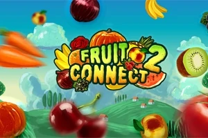 Fructe și legume viu colorate, inclusiv cireșe, morcovi, banane și kiwi, alături de un logo verde și galben în mijloc pe un fundal de peisaj natural