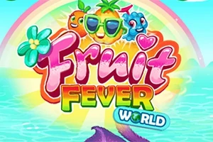 Logo colorat cu fructe animate care poartă ochelari de soare, textul Fruit Fever World și un curcubeu pe fundal