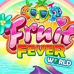 Logo colorat cu fructe animate care poartă ochelari de soare, textul Fruit Fever World și un curcubeu pe fundal