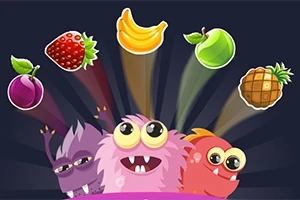 Trei creaturi colorate și haioase privesc fructe deasupra lor, inclusiv o căpșună, o banană, un măr, o prună și un ananas, pe un fundal întunecat