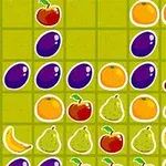 Fundal verde cu grilă de fructe diverse, inclusiv cireșe, prune, portocale, pere și banane