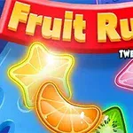 Grafic colorat cu felii de fructe și forme geometrice strălucitoare pe fundal albastru
