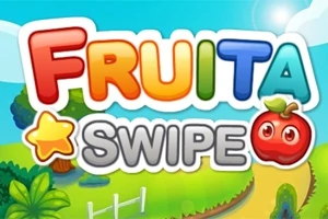 Logo colorat cu textul Fruita Swipe pe un fundal ilustrat, cu elemente de natură stilizate