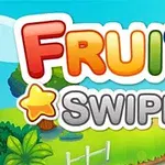 Logo colorat cu textul Fruita Swipe pe un fundal ilustrat, cu elemente de natură stilizate