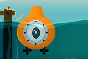 Un submarin portocaliu cu un hublou mare pluteste in apa, legat de un dig din lemn