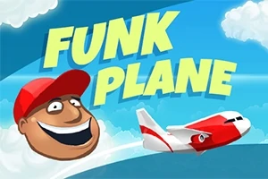Fundal albastru cer cu nori, un avion roșu-în-alb în zbor și un chip zâmbitor cu șapcă roșie, alături de textul FUNK PLANE