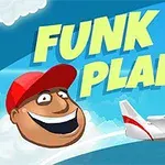 Fundal albastru cer cu nori, un avion roșu-în-alb în zbor și un chip zâmbitor cu șapcă roșie, alături de textul FUNK PLANE