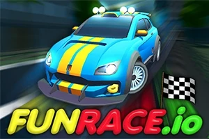 Mașină albastră cu dungi galbene pe o pistă de curse, cu steag de finish în carouri alb-negru și text colorat FUNRACE
