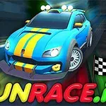 Mașină albastră cu dungi galbene pe o pistă de curse, cu steag de finish în carouri alb-negru și text colorat FUNRACE