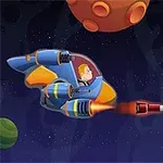 Un personaj într-o navă spațială albastră trage un proiectil spre o altă navă spațială cu un extraterestru verde, pe un fundal de spațiu cosmic cu planete