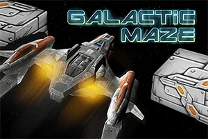 Nave spațială futuristică luminată de motoare portocalii, înconjurată de ziduri metalice, cu text Galactic Maze deasupra