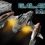 Nave spațială futuristică luminată de motoare portocalii, înconjurată de ziduri metalice, cu text Galactic Maze deasupra