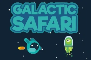 Textul „Galactic Safari” însoțit de două personaje animate pe fundal spațial