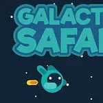 Textul „Galactic Safari” însoțit de două personaje animate pe fundal spațial