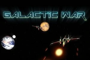 Nave spațiale și planete într-un fundal galactic cu textul Galactic War
