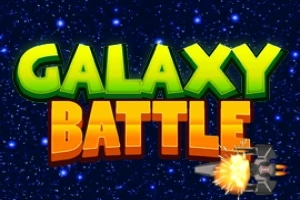 Text cu litere mari GALAXY BATTLE pe un fundal stelar, însoțit de o navă spațială stilizată în colț