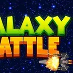 Text cu litere mari GALAXY BATTLE pe un fundal stelar, însoțit de o navă spațială stilizată în colț