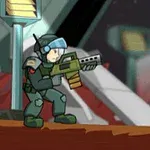 Un soldat în armură verde, ținând o armă futuristă, într-un decor extraterestru cu fundal roșu și structuri tehnologice
