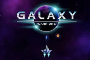 Un fundal spațial cu un text mare GALAXY WARRIORS deasupra unei nave spațiale și efecte vizuale albastre și portocalii