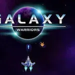 Un fundal spațial cu un text mare GALAXY WARRIORS deasupra unei nave spațiale și efecte vizuale albastre și portocalii