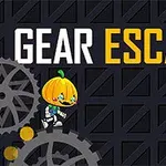 Personaj cu cap de dovleac și echipament robotic stând pe un angrenaj mecanic, pe fundal negru cu design industrial și text GEAR ESCAPE