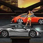 Două mașini sport, una roșie și una argintie, cu o femeie în poziție de start între ele, pe un fundal urban noaptea