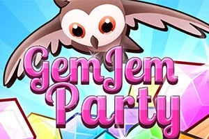 Bufniță stilizată zburând deasupra unor pietre prețioase colorate cu text roz Gem Jem Party