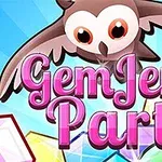 Bufniță stilizată zburând deasupra unor pietre prețioase colorate cu text roz Gem Jem Party