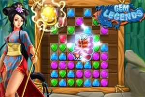 Femeie cu toiag magic lângă un panou de joc cu pietre prețioase colorate