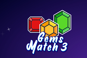 Trei pietre prețioase colorate, roșie, galbenă și verde, pe fundal violet cu text Gems Match 3 dedesubt