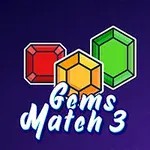 Trei pietre prețioase colorate, roșie, galbenă și verde, pe fundal violet cu text Gems Match 3 dedesubt