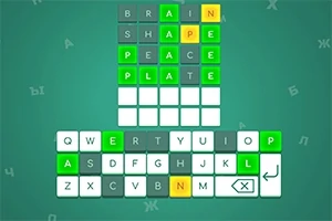 Grilă de cuvinte cu litere colorate și o tastatură QWERTY sub ea, pe un fundal verde