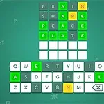 Grilă de cuvinte cu litere colorate și o tastatură QWERTY sub ea, pe un fundal verde